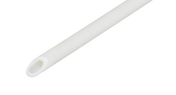 Weißes, dünnes Kunststoffrohr mit rundem Querschnitt und Hohlraum, auf weißem Hintergrund.